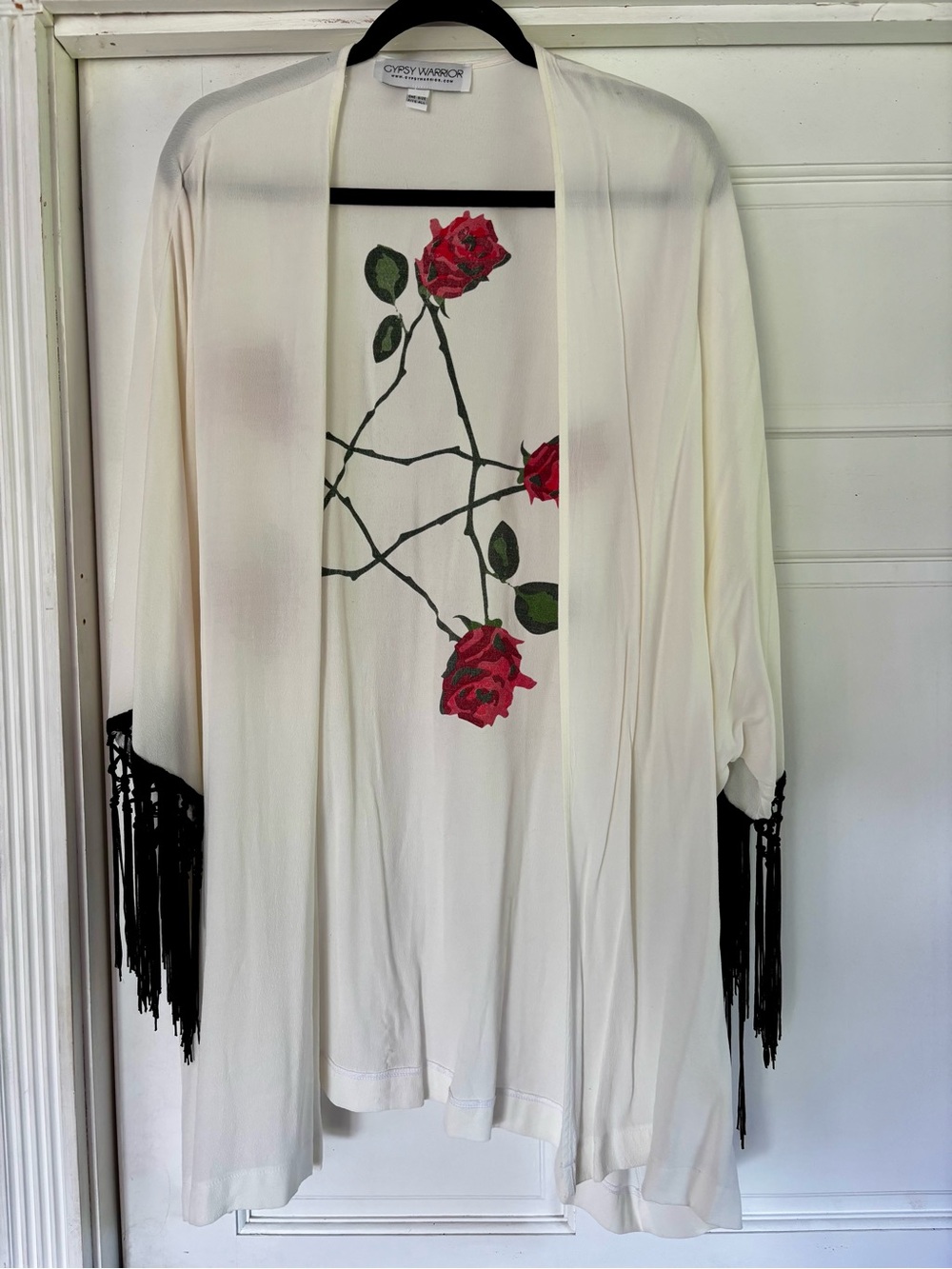 Gypsy Warrior Ivory Kimono with Red Rose Print and Black Fringe